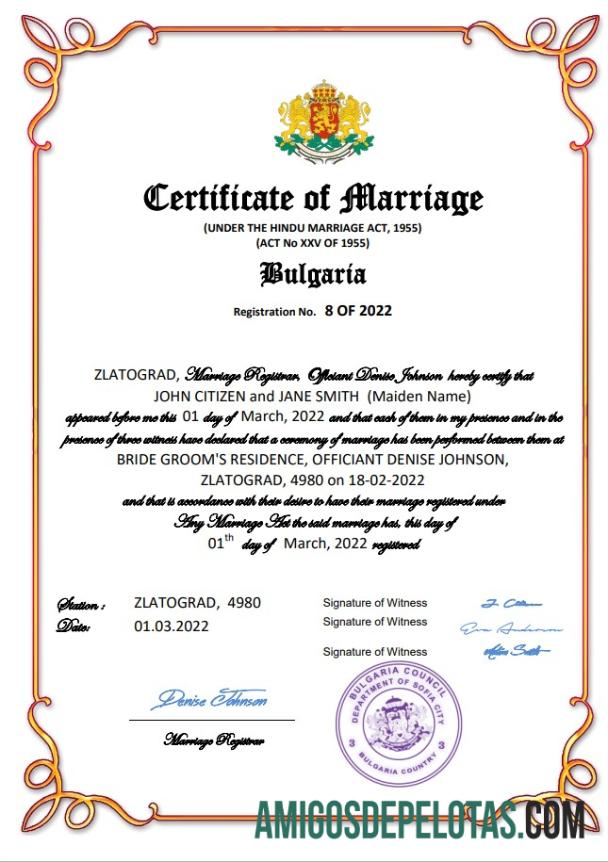 Realista modelo Word e PDF de certidão de casamento da Bulgária